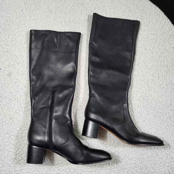 NEW Vince Mag Black Leather Retro Block Heel Round Toe Tall Boots 9 US EU 40 - Picture 1 of 7